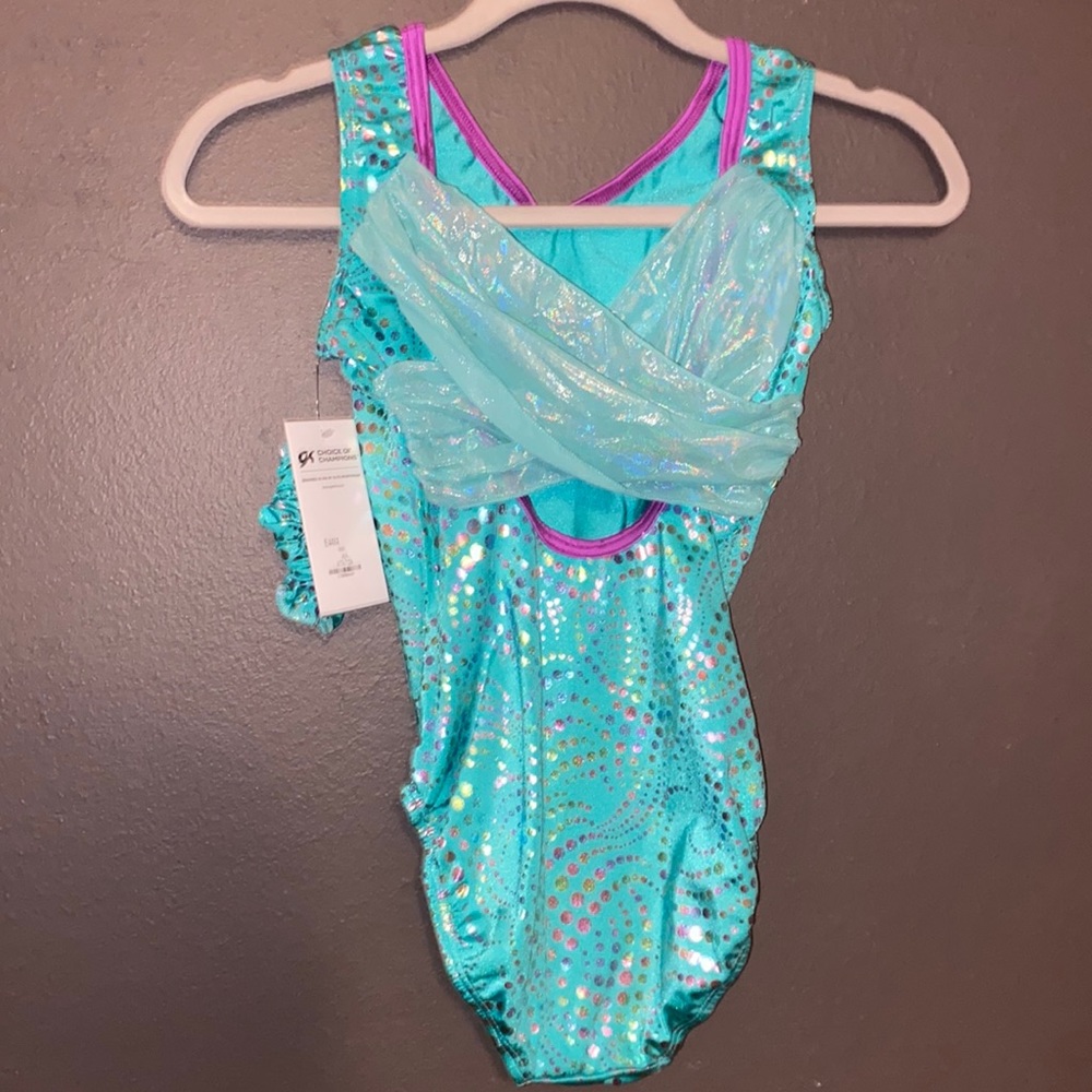 Gk leotard blue with sparkles and scrunchie hair tie size adult small